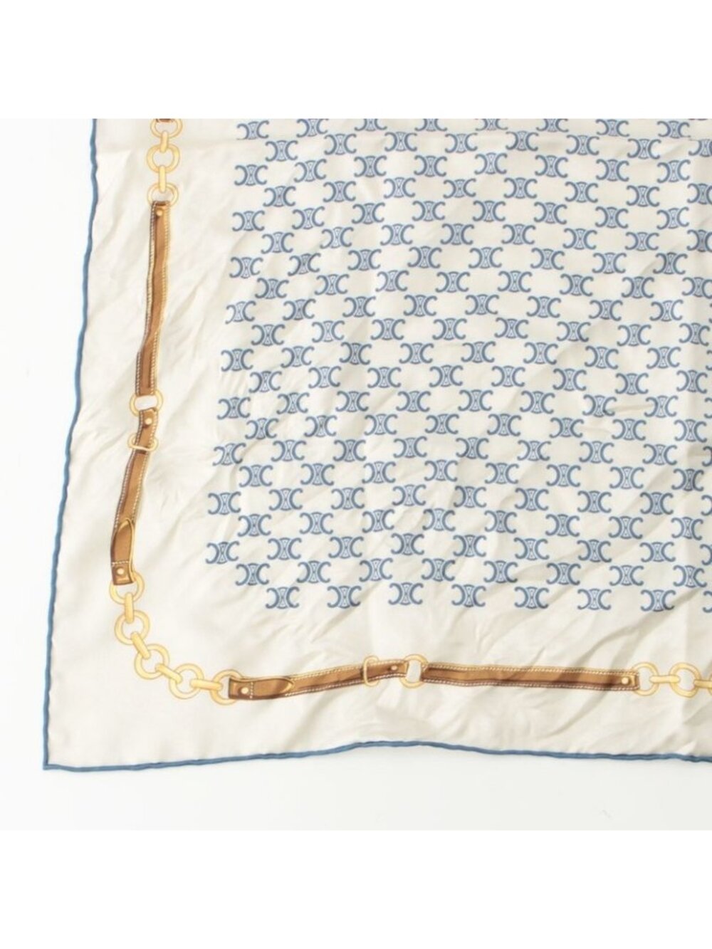 Celine Silk Triomphe Logo Chain Pattern Large Scarf Ivory Blue - Picture 4 of 9